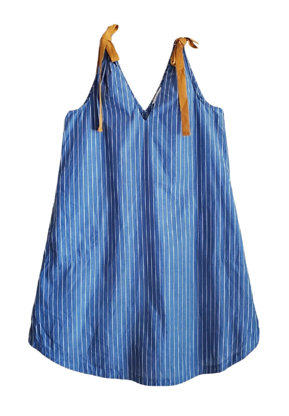 MATILDA JANE Women L Dress Sandy Seashell Blue White Striped Tie Straps 38"